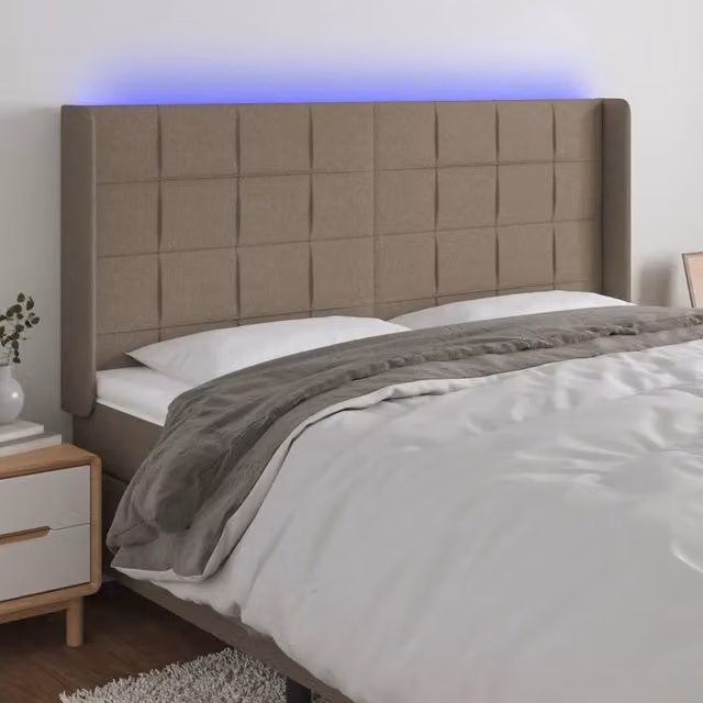 Testiera con LED e porta USB vidaXL in tessuto beige, moderna con illuminazione integrata, L: 203 cm, P: 16 cm, H: 118/128 cm