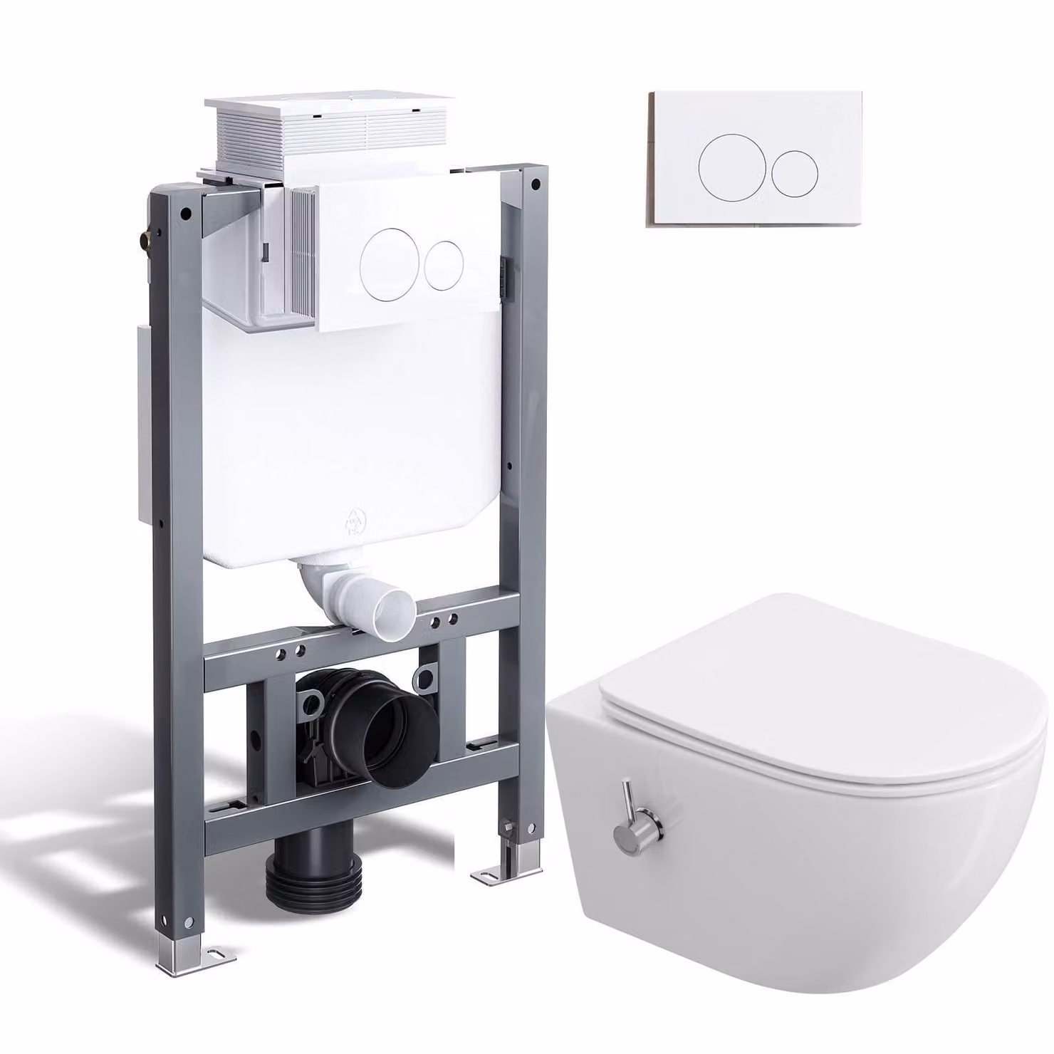 HOROW Set completo per wc con doccia 82 cm elemento da incasso a parete + WC sospeso + piastra di spinta rotonda bianca