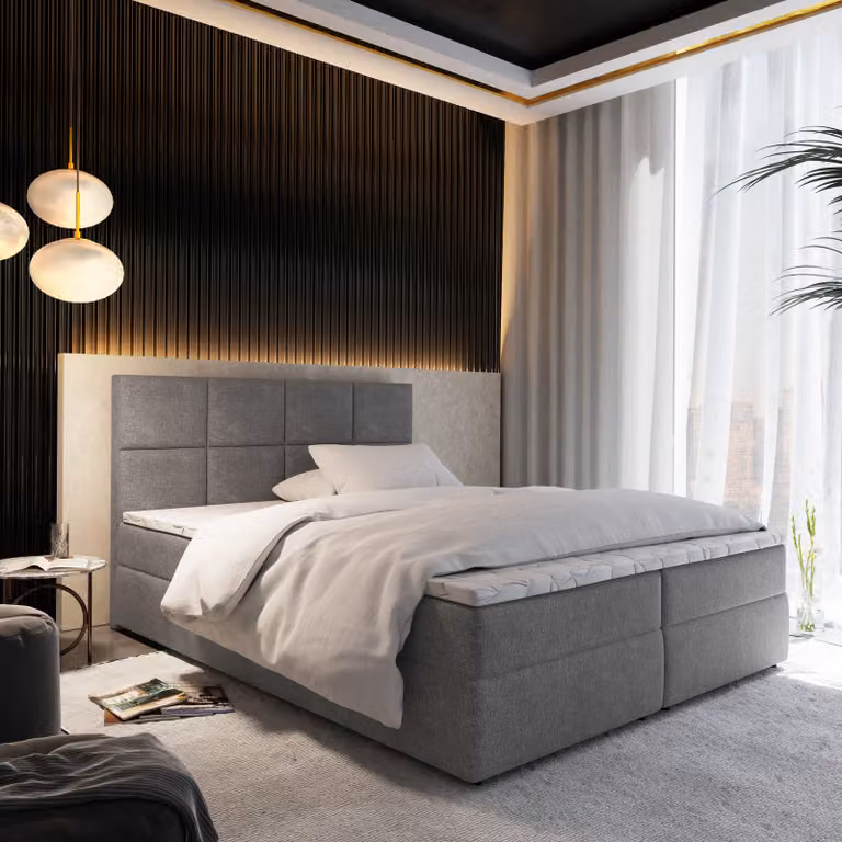 Letto a molle Masseno LENA 160x200 cm completo di materasso e topper Bonell, letto imbottito con cassettiera - grigio, COSMIC 160