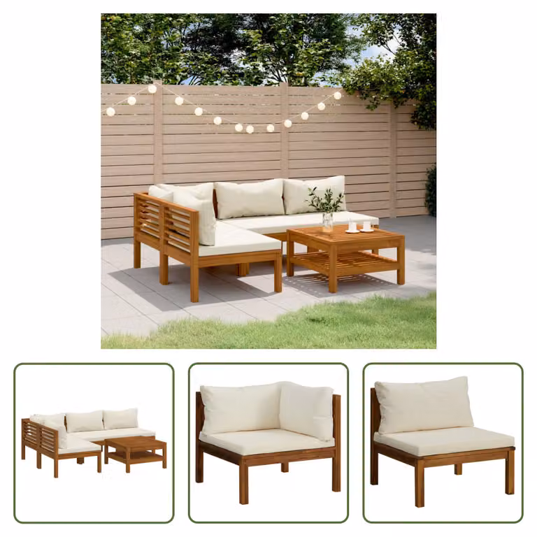 The Living Store Set da salotto da giardino 5 pezzi con cuscini crema Legno massiccio di acacia
