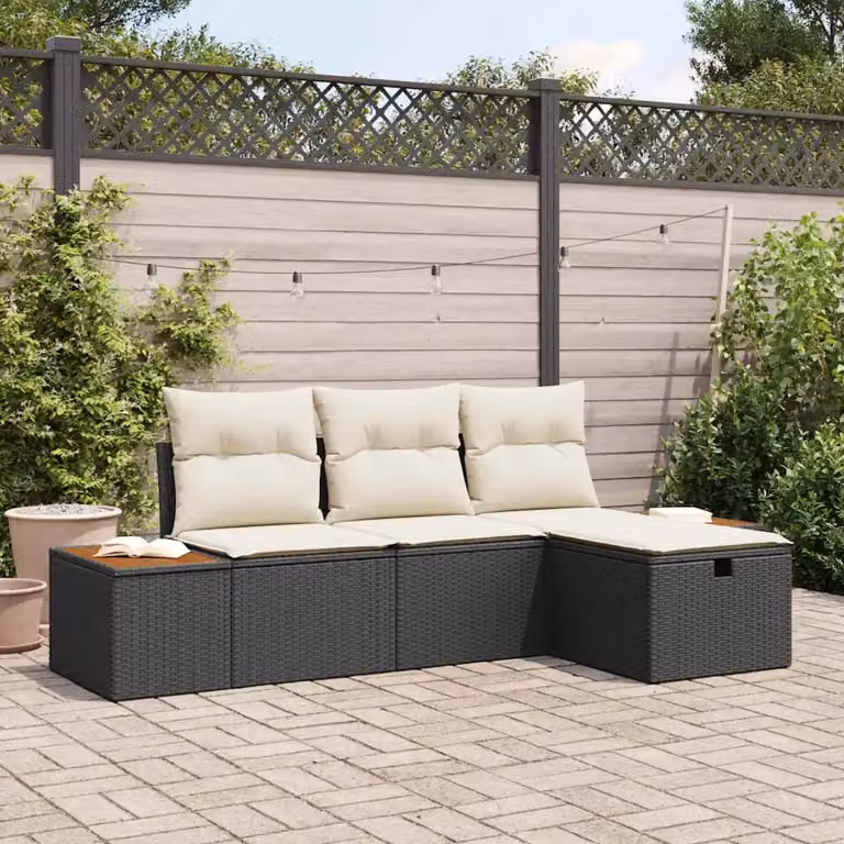 Set Divano da Giardino a L vidaXL in Polyrattan Nero con Cuscini e Ottoman