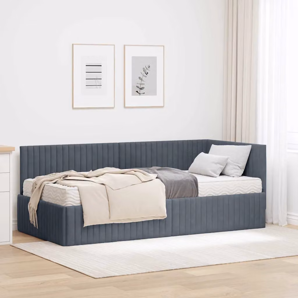 vidaXL Struttura Letto Angolare con 2 Materassi in Velluto Grigio L/P/H: 190 x 90 x 72 cm – 1