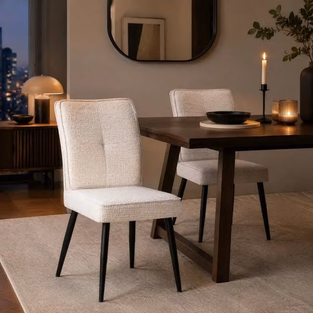 Set di 2 sedie da pranzo ULEVR imbottite con rivestimento in ciniglia effetto tweed e gambe in metallo, bianco crema