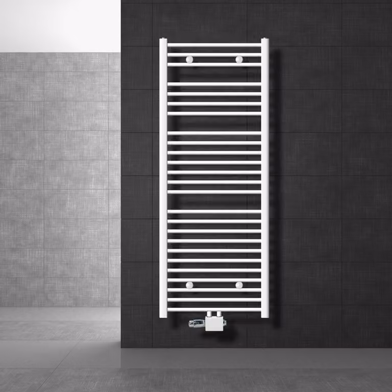 LuxeBath radiatore bagno attacco centrale 600 x 1500 mm bianco diritto con termostato e set di collegamento Angolo universale e diritto passante, senza elemento riscaldante