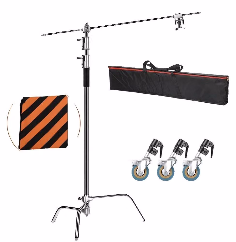 Supporto per fotocamere a C, altezza regolabile da 130 cm a 260 cm, realizzato in acciaio inossidabile robusto, con ruote da 2,6 metri e borsa