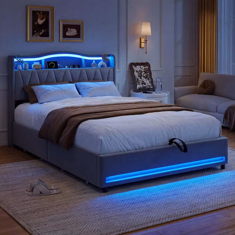 Letto imbottito ProximaX grigio 160x200 cm con cassetti e testiera con vano portaoggetti – tessuto in velluto, illuminazione a LED RGB, stazione di ricarica USB, rete a doghe