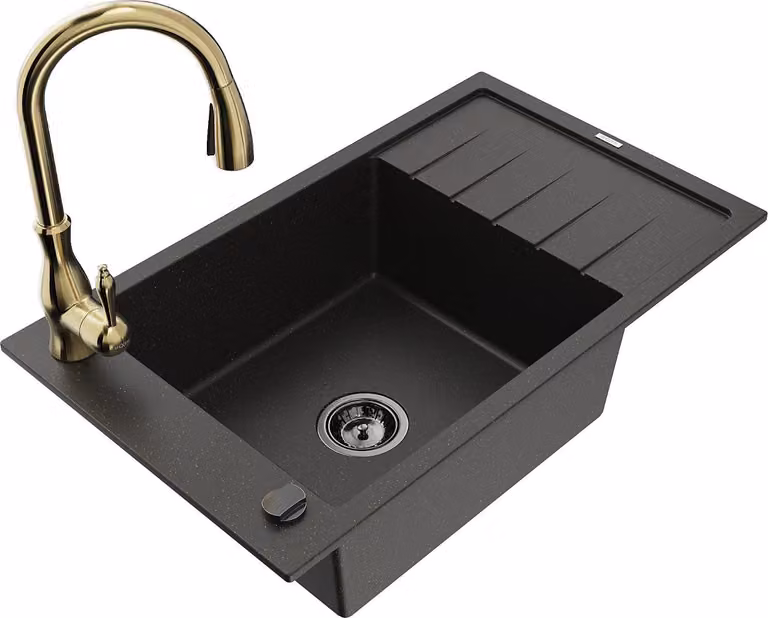 Mexen Elias lavello in granito a 1 vasca con sgocciolatoio e rubinetto da cucina Savita, nero/oro metallizzato
