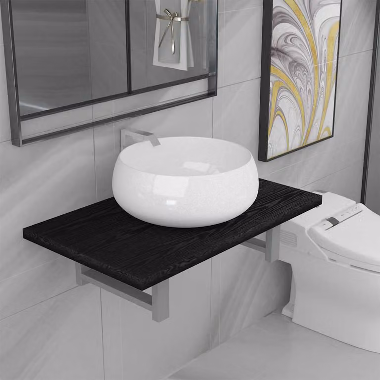 Set di mobili da bagno vidaXL in ceramica e legno, composto da mobile lavabo e pensile, nero e bianco, design moderno