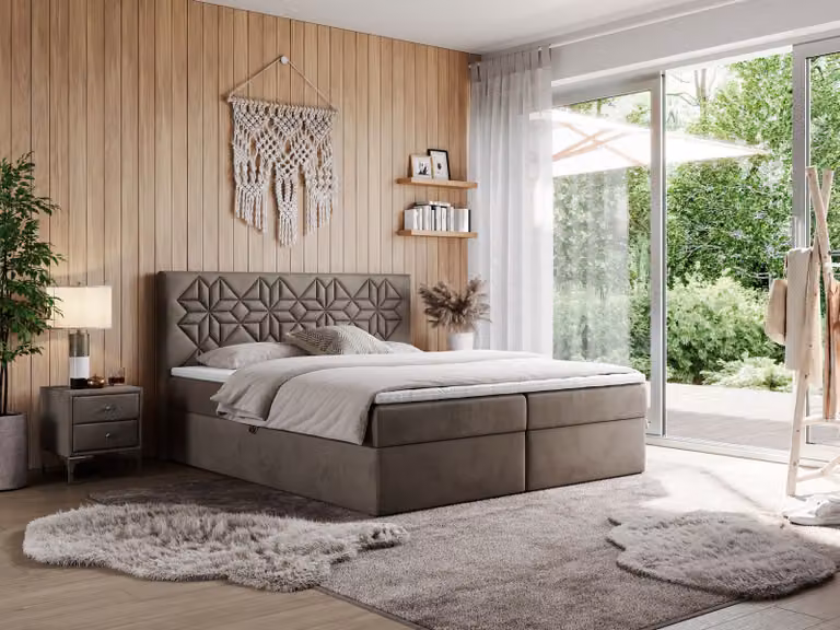 Letto a molle insacchettate MKS MEBLE 140x200 con materasso H3 e contenitore, letto matrimoniale con spazio contenitore e topper, letto imbottito 140x200 con testiera - Leila - Velluto marrone - H3