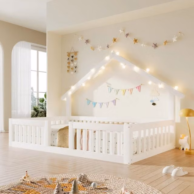 Letto casetta bianco 90x200 cm in MDF e pino con sponde di sicurezza e luci LED