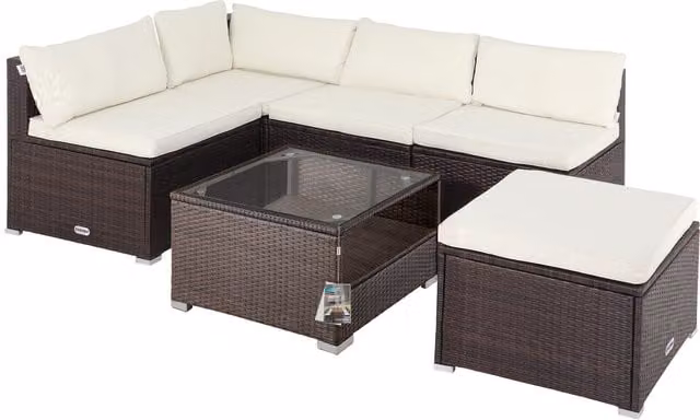 Set da salotto da giardino CASARIA in polyrattan beige e marrone, composto da 16 pezzi con divano a 3 posti, poltrone, elementi angolari, pouf e tavolino, con cuscini inclusi e struttura in acciaio verniciato a polvere