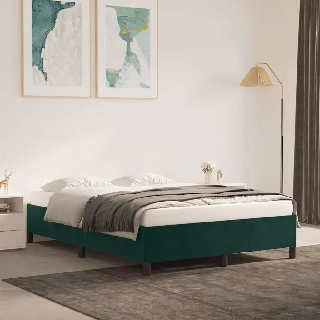 Letto matrimoniale moderno in velluto verde scuro con struttura imbottita e doghe in legno L/P/H: 140 x 200 x 35 cm – 2