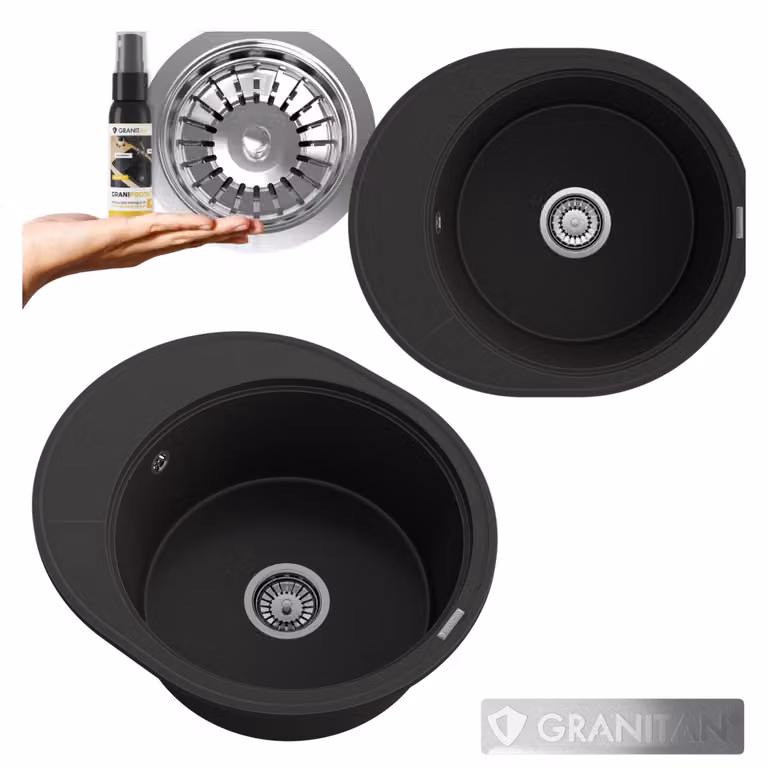 Granitan - Lavello in granito - Lavello da cucina - Nero metallizzato - con scolapiatti - rotondo - Lavello - RAMIS