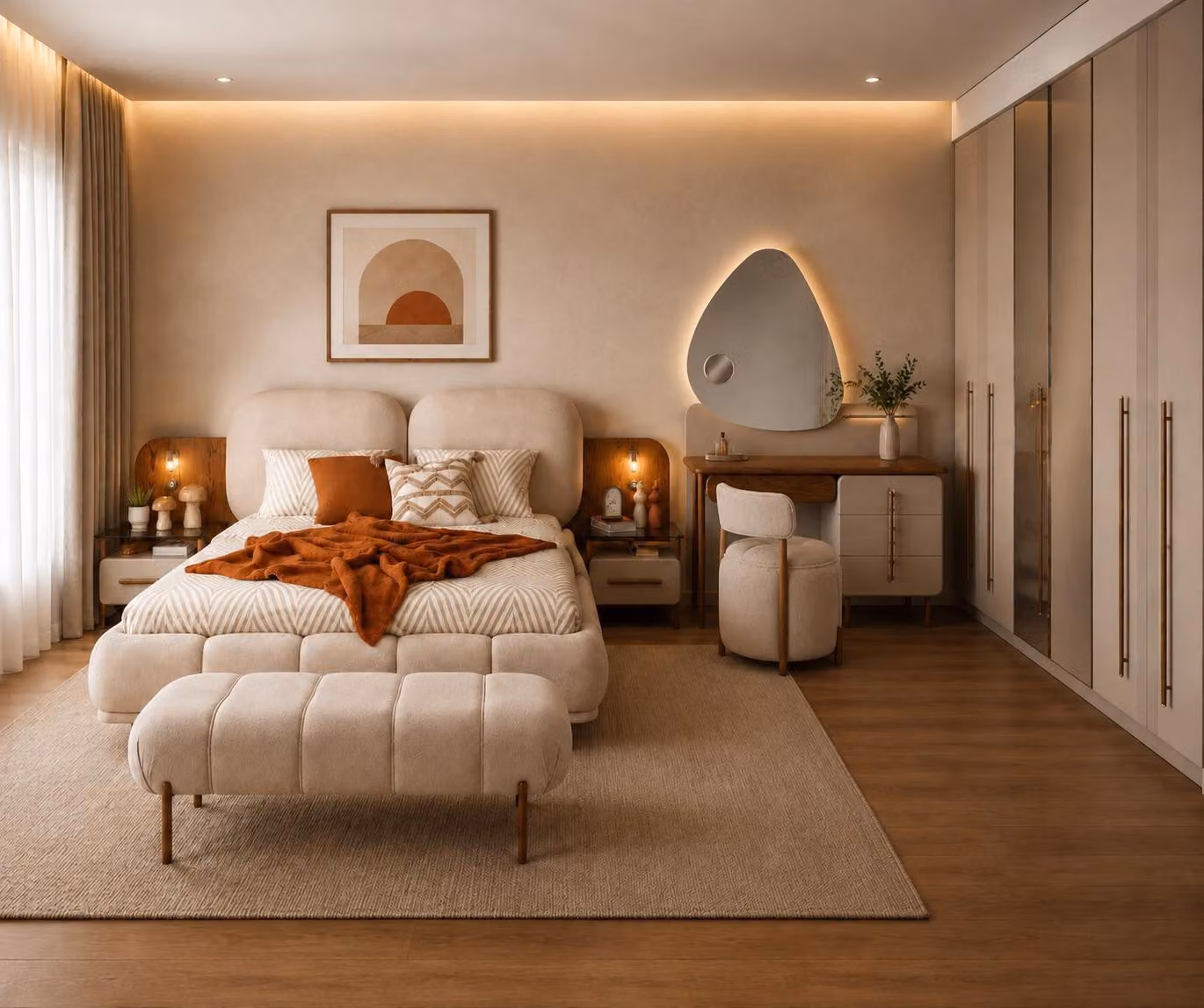 Set per camera da letto: letto, armadio, tavolino da trucco, poggiapiedi, panca da letto