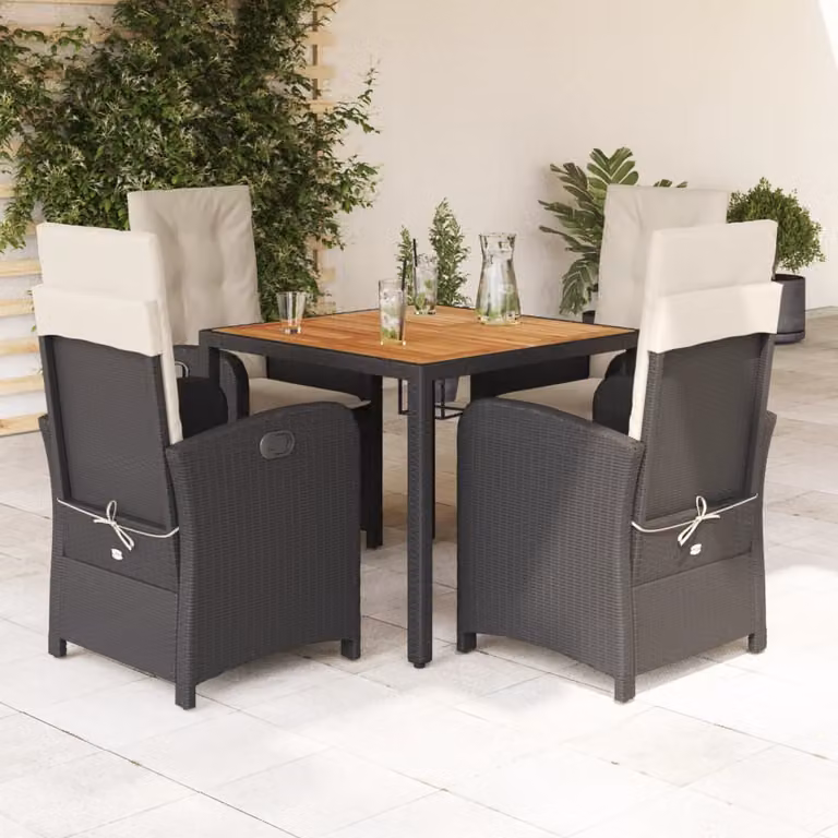 Set da pranzo da giardino vidaXL in polyrattan e legno di acacia con piano in vetro e 5 pezzi nero