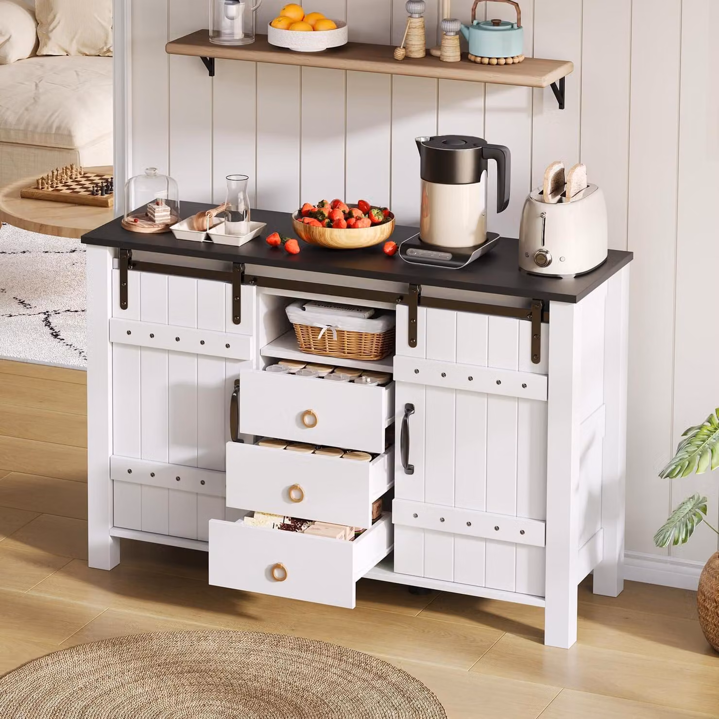 Credenza buffet con spazio contenitivo, 120 cm di larghezza, bianca, con 2 ante scorrevoli e 3 cassetti, in MDF, stile rustico