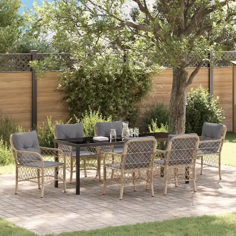 Set da pranzo per giardino vidaXL in 7 pezzi in polyrattan beige con tavolo in vetro