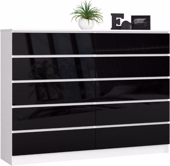 BDW, cassettiera con 10 cassetti, 160×40×121 cm, K160, bianco / nero lucido