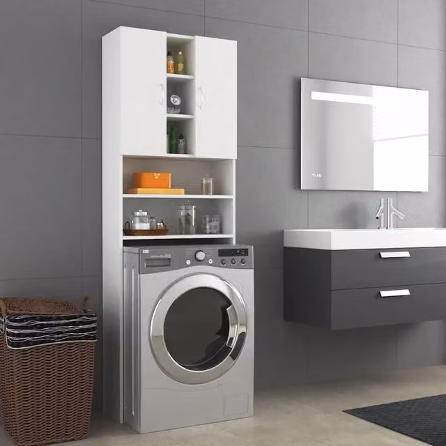 Mobile per lavatrice vidaXL bianco moderno con ante a battente e ripiani interni L: 64 cm, P: 25,5 cm, H: 190 cm