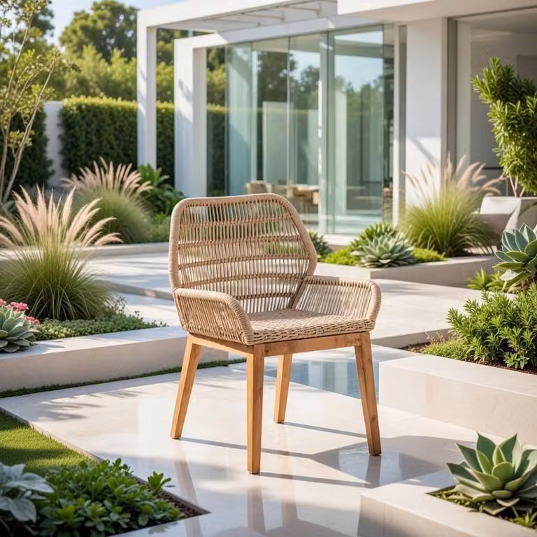 Sedia in legno color beige, elegante, ideale per terrazza e soggiorno