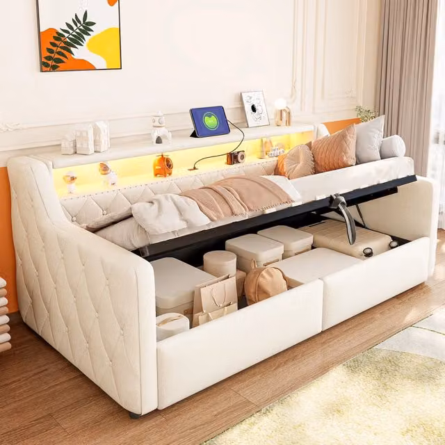 letto in lino e mdf beige 90 x 200 cm