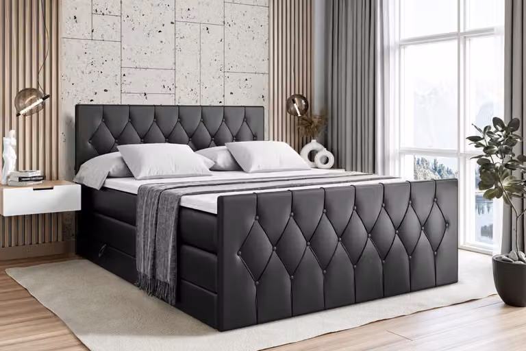 Letto boxspring ALTDECOR con materasso e rete a doghe - VELANTO KING - 180x200 cm - Pelle finta nera - Coprimaterasso, pediera, letto imbottito con contenitore, letto con vano portaoggetti H3 e H4 - Materasso, letto matrimoniale, letto boxspring
