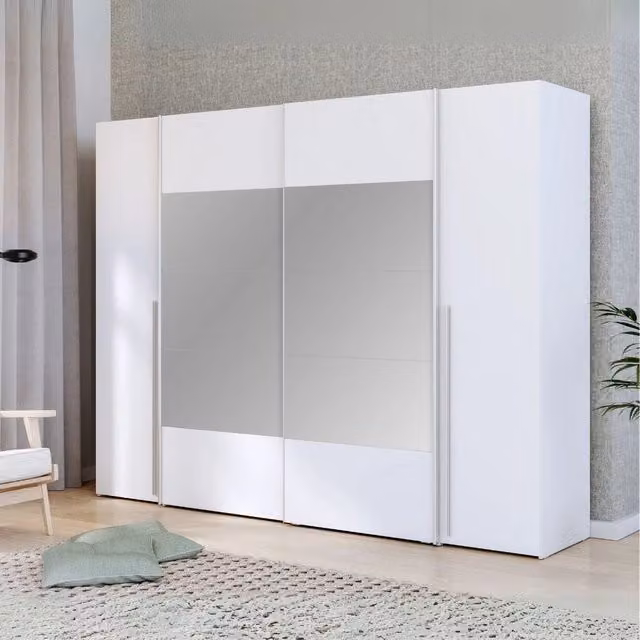 Armadio Callia bianco con 2 ante battenti e 2 ante scorrevoli con specchio L: 270.3 cm, P: 61.2 cm, H: 210.5 cm