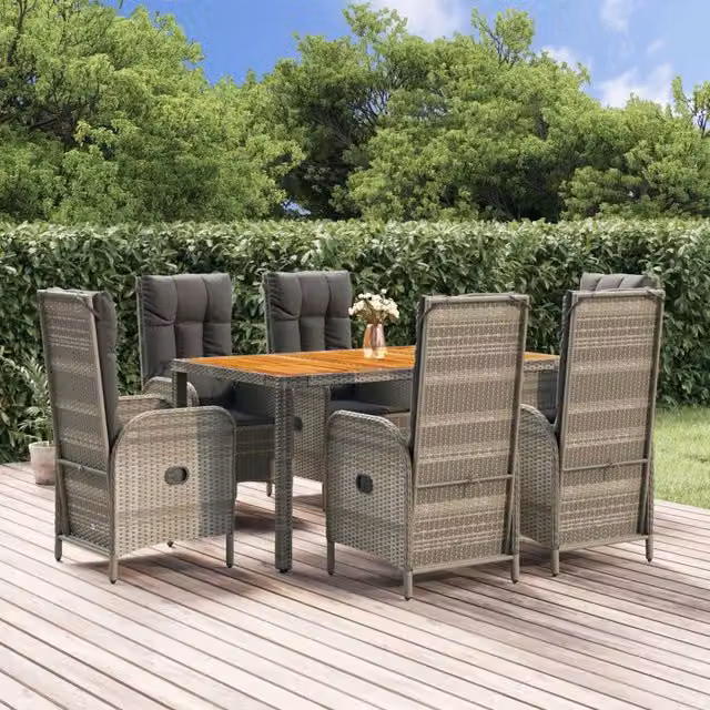 Set da Pranzo da Giardino vidaXL in Polyrattan e Legno di Acacia Grigio, 7 Pezzi – 1