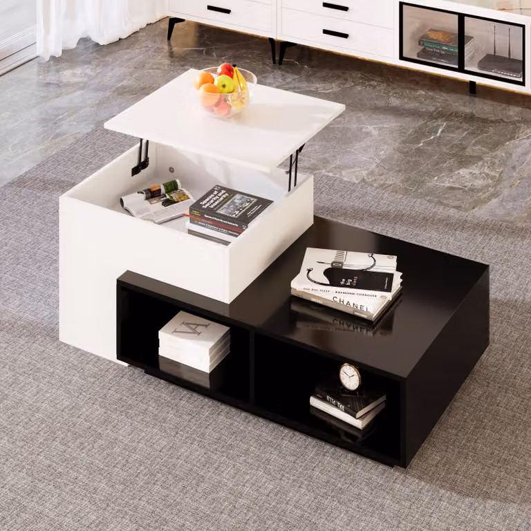 Tavolino AIORBER, regolabile in altezza, bianco e nero, robusto, con vano portaoggetti, di facile manutenzione, per la zona giorno, 90 x 60 x 28 cm, nero