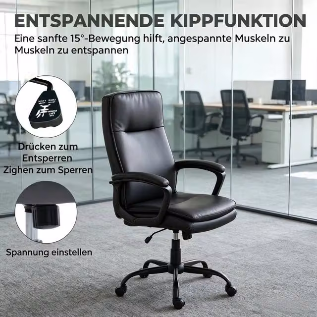 Sedia da ufficio ergonomica con schienale curvo, seduta doppio strato e base metallica, in PU nero