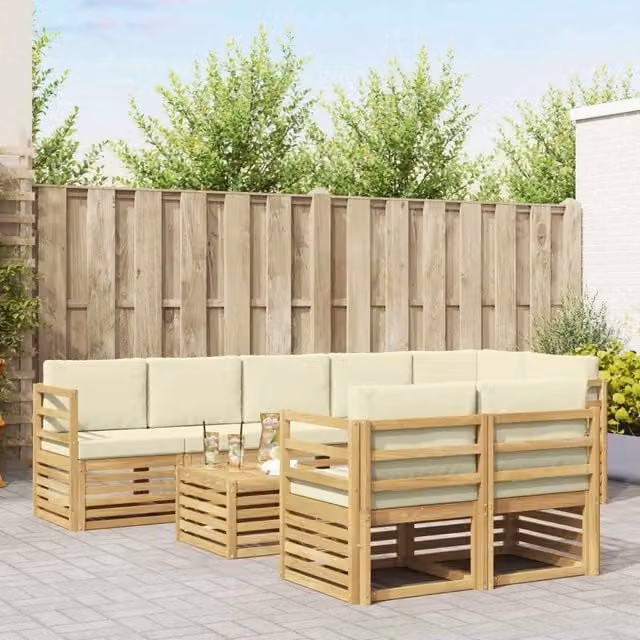 Set di divani da esterno a L vidaXL in legno di acacia con tavolo da caffè e cuscini, Bianco e Beige