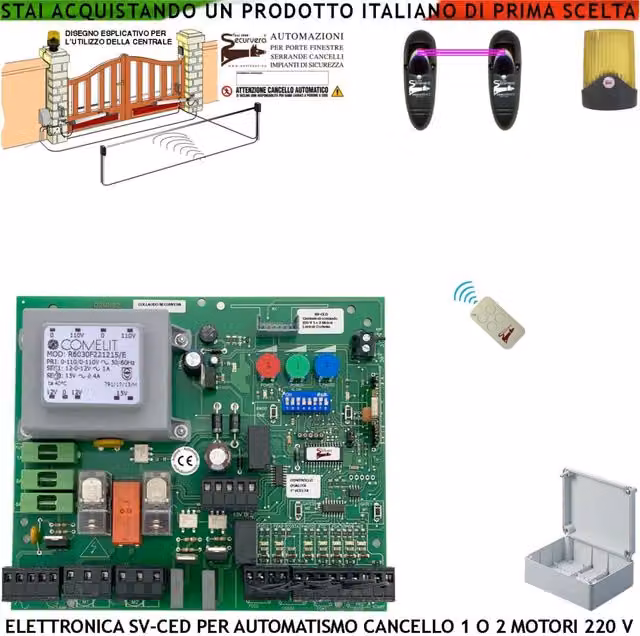 Centrale per cancello a due ante battenti Securvera 220V con radiocomando e fotocellula, verde