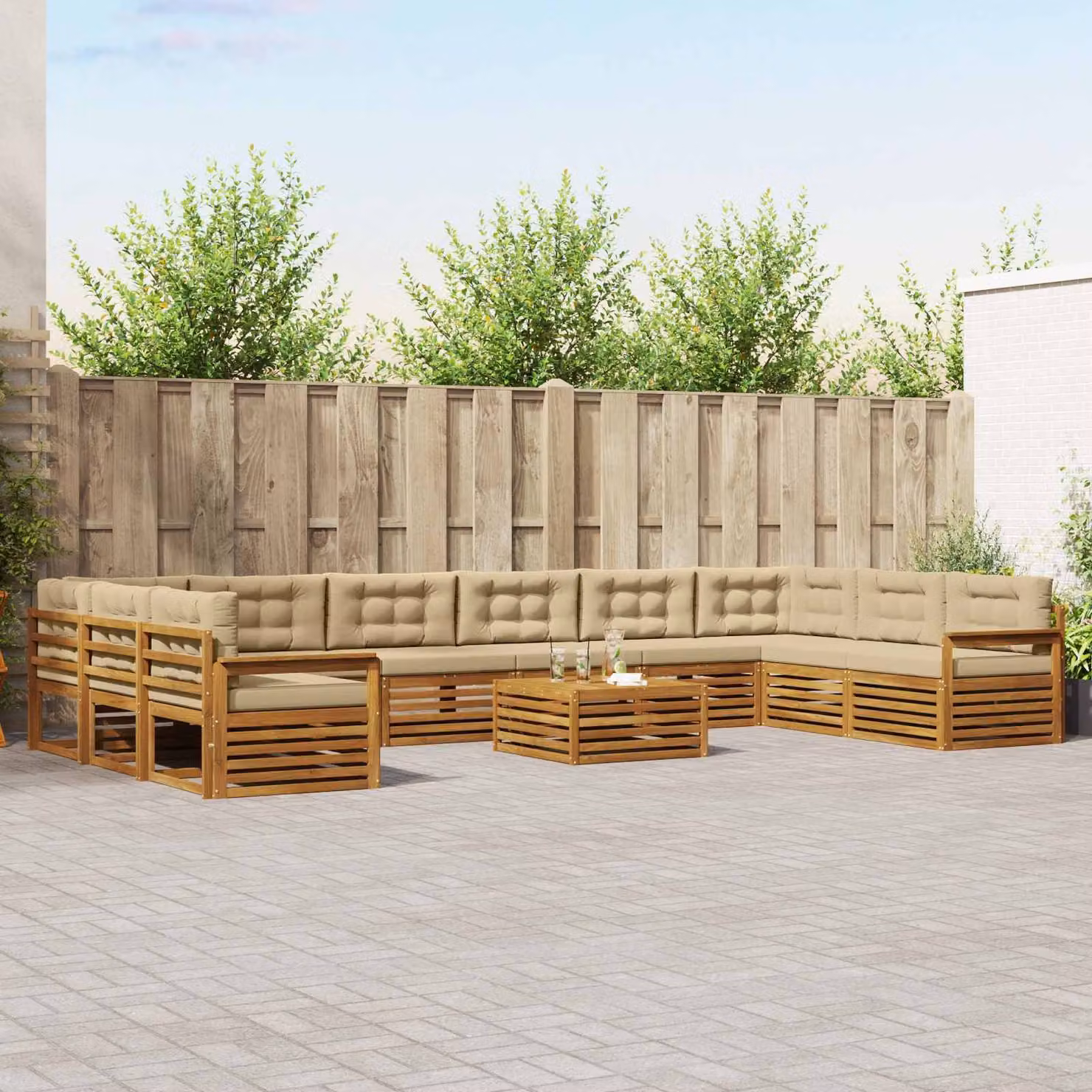 Set di divani da giardino vidaXL in legno di acacia massello con cuscini, forma a L, colore beige e marrone