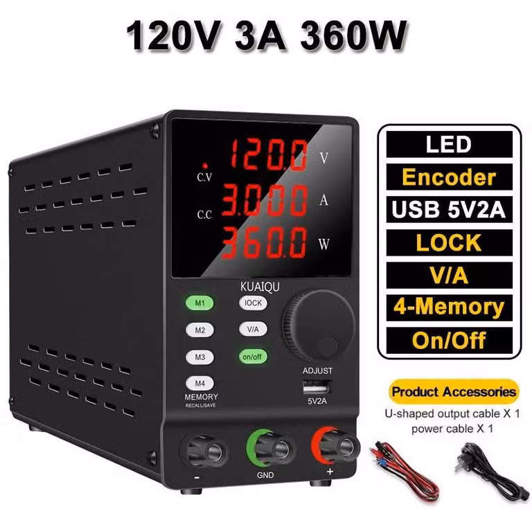 Alimentatore da laboratorio - Alimentatore switching DC regolabile - 120 V, 3 A, 360 W - Display LED a 4 cifre - Ingresso 220 V - Per la riparazione di elettronica - 120V 3A 360W