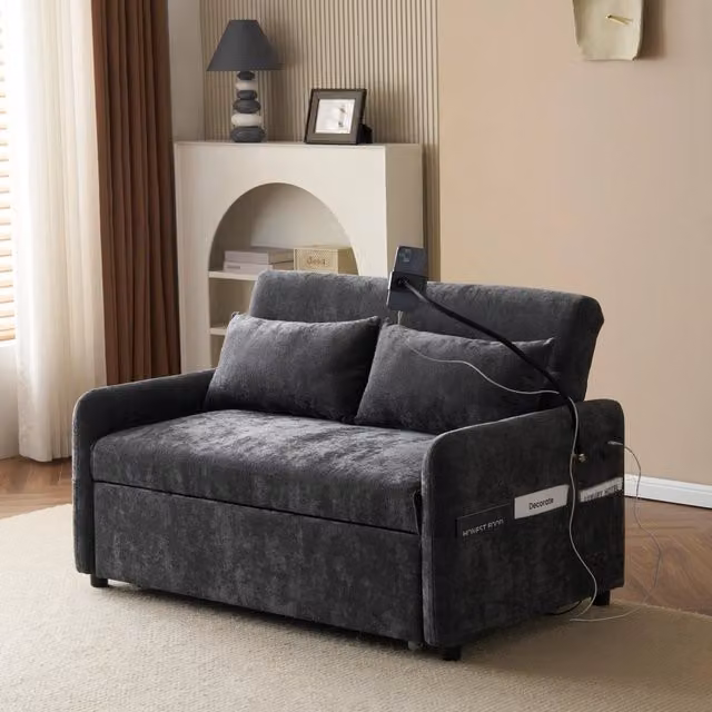 Divano letto 129x76x81 cm convertibile con schienale regolabile in chenille grigio
