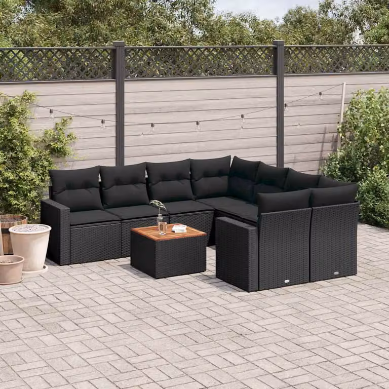 Set di divani da giardino vidaXL in polyrattan nero con cuscini, tavolino e sedute a L per esterno