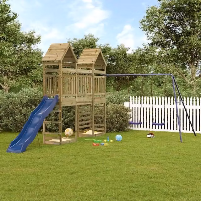 Set da gioco da esterno vidaXL in legno di pino con scivolo, altalena e sabbiera, multicolore