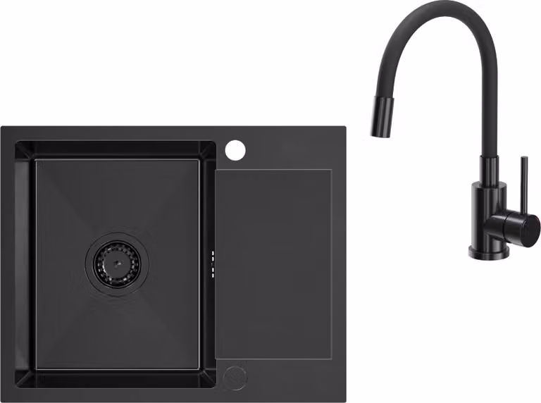 VBChome Lavello in acciaio inox con rubinetto 60 x 48 cm Nero Lavello da incasso a due fori Lavello da cucina a vasca grande con scolapiatti Rubinetto da cucina a sifone