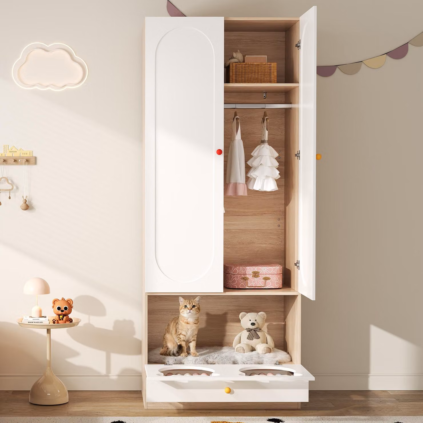Armadio angolare Flieks Armadio con asta e ripiano, appendiabiti Armadio con letto per gatti, 80x50x200cm, bianco