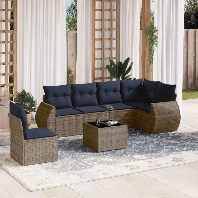 Set di divani da giardino vidaXL in polyrattan grigio con cuscini e tavolino da esterno a forma di L per 7 persone