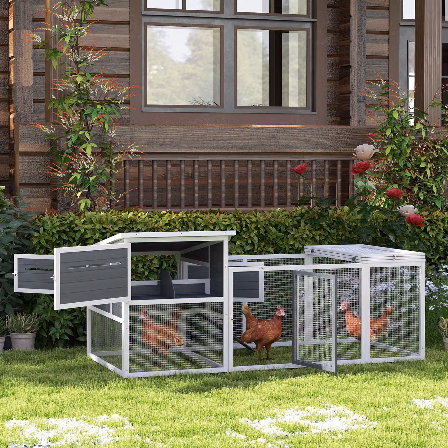 Pollaio PawHut con Casetta, Nido per Cova e Area Esterna, Grigio, L: 214 cm, P: 101 cm, H: 91.5 cm – 2