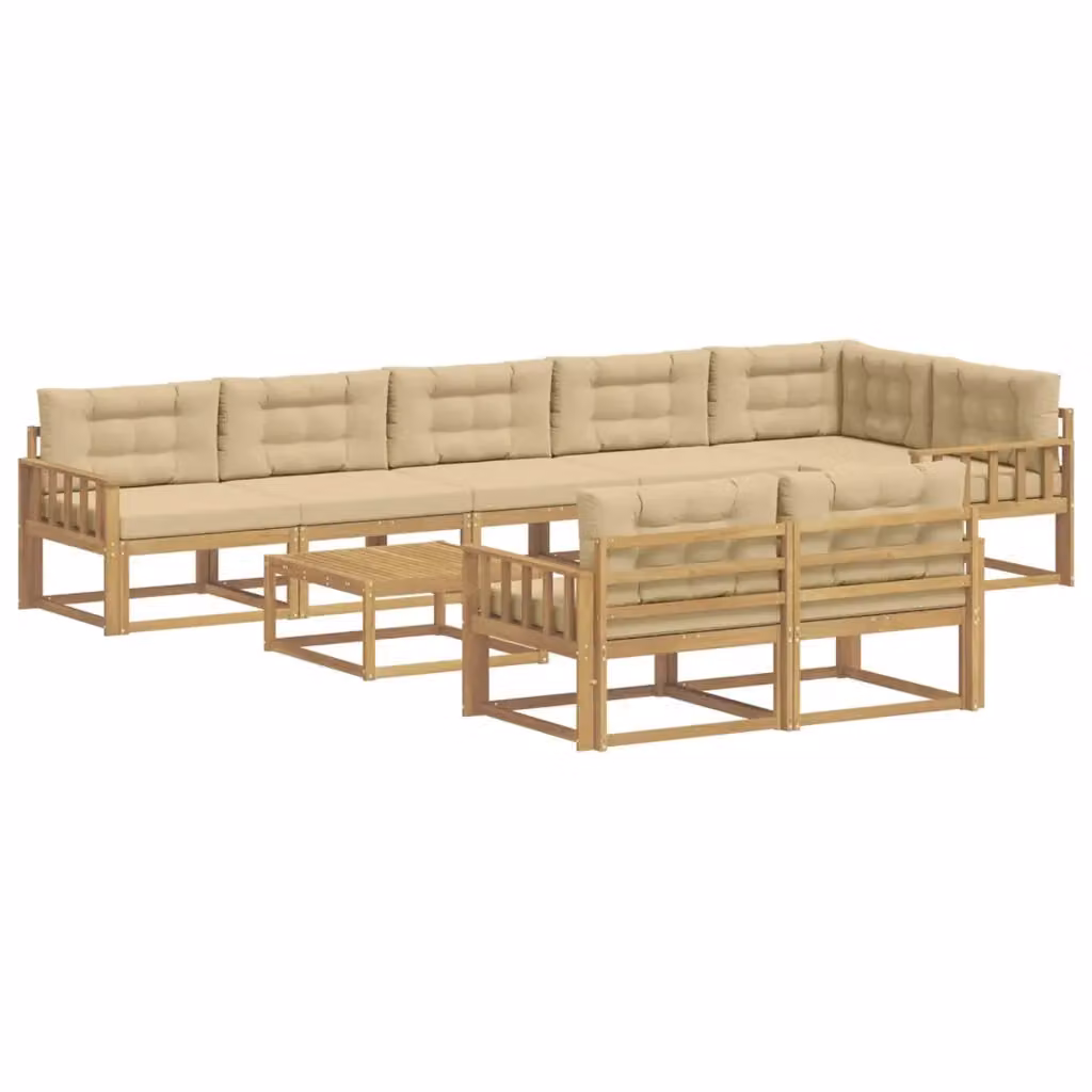 Set di divani da esterno a forma di U vidaXL in legno di acacia con cuscini, Bianco e Beige – 2