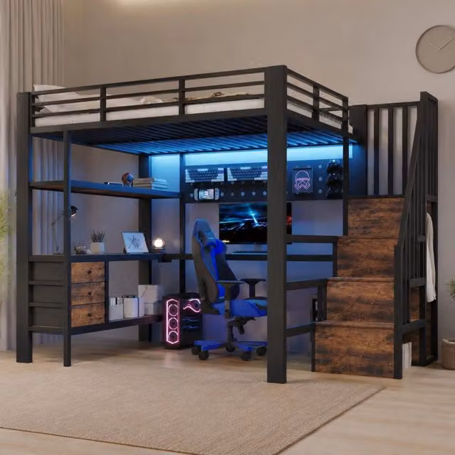Letto a soppalco ULEVR 140x200 cm con scrivania, 3 cassetti, presa e LED dimmerabile, nero