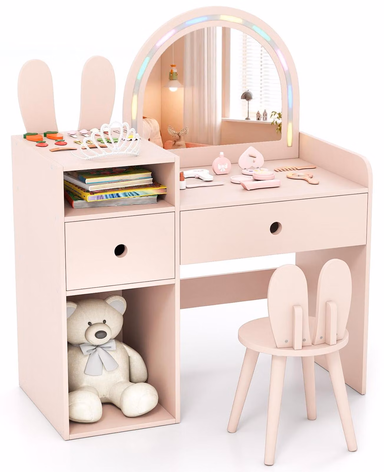 Tavolino da trucco per bambini FANTASK con illuminazione a LED, tavolino da parrucco con sgabello e spazio contenitivo