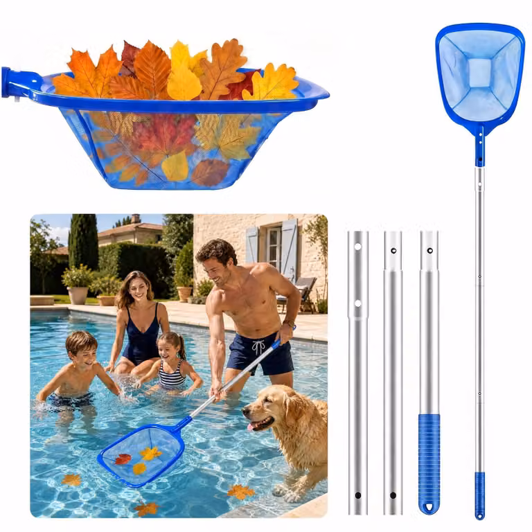 Retino per piscina con manico telescopico in alluminio, 140 cm, per la pulizia di piscine e stagni