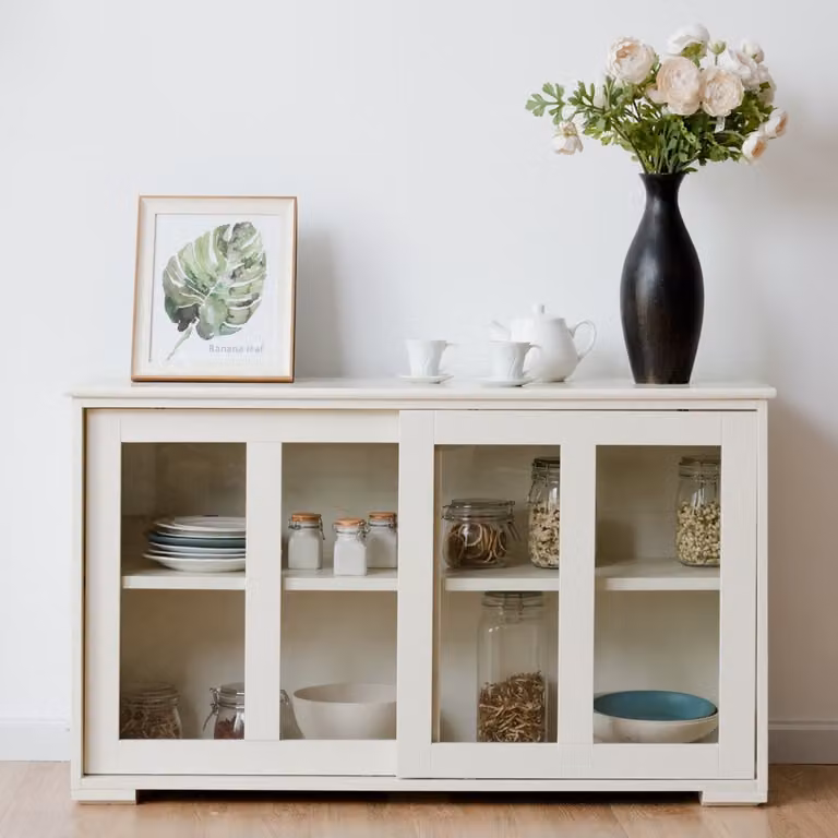 Armadietto da cucina multifunzione Costway in MDF con ante scorrevoli, Beige, L: 106,5 cm, P: 33 cm, H: 62,5 cm