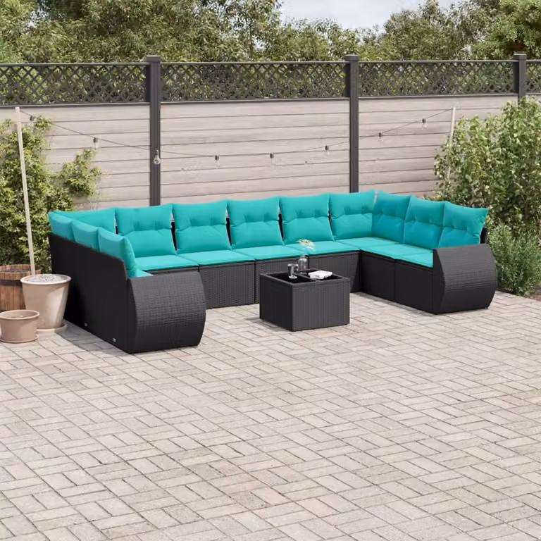 Set Divani da Giardino vidaXL 11 pz a Forma a L con Cuscini e Tavolino, Polyrattan e Metallo, Colore Nero, Blu e Turchese