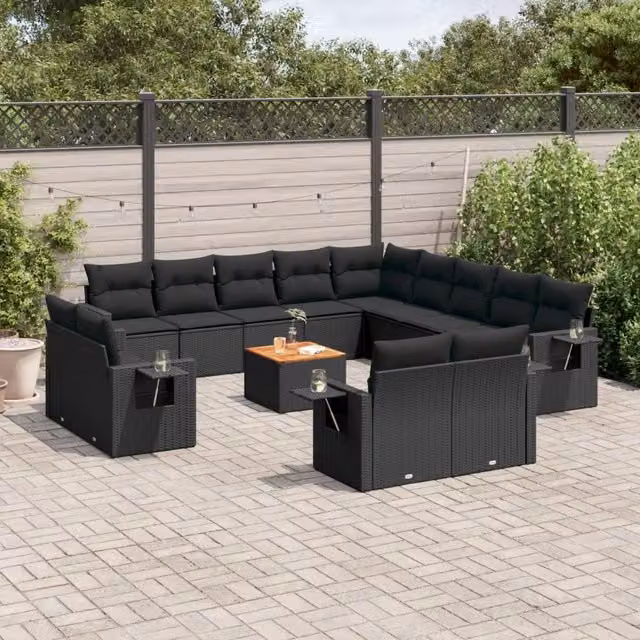 Set di Divani da Giardino Moderno VIDAXL a Forma di U in Polyrattan Nero con Cuscini in Tessuto, 14 Pezzi – 1