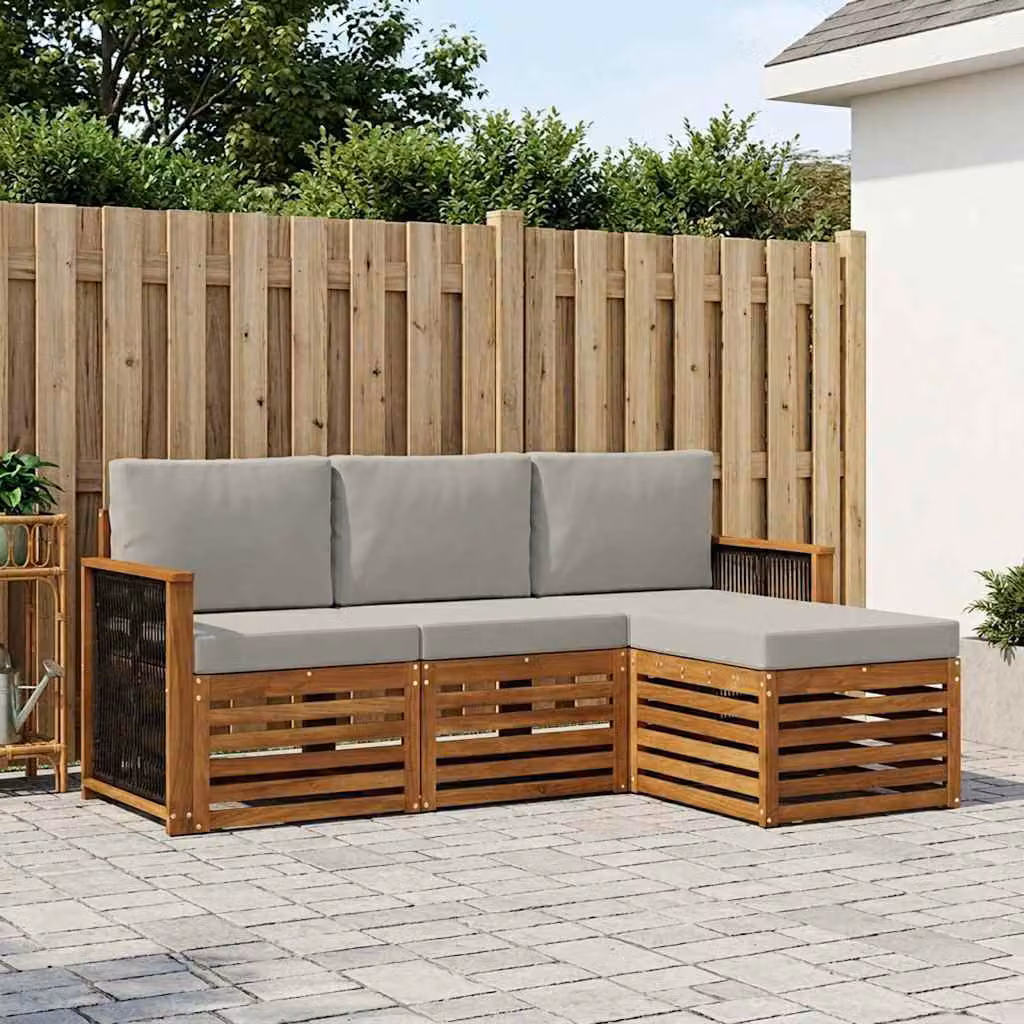 vidaXL Set di divani da esterno a L in legno di acacia con pouf e cuscini, Beige e Grigio