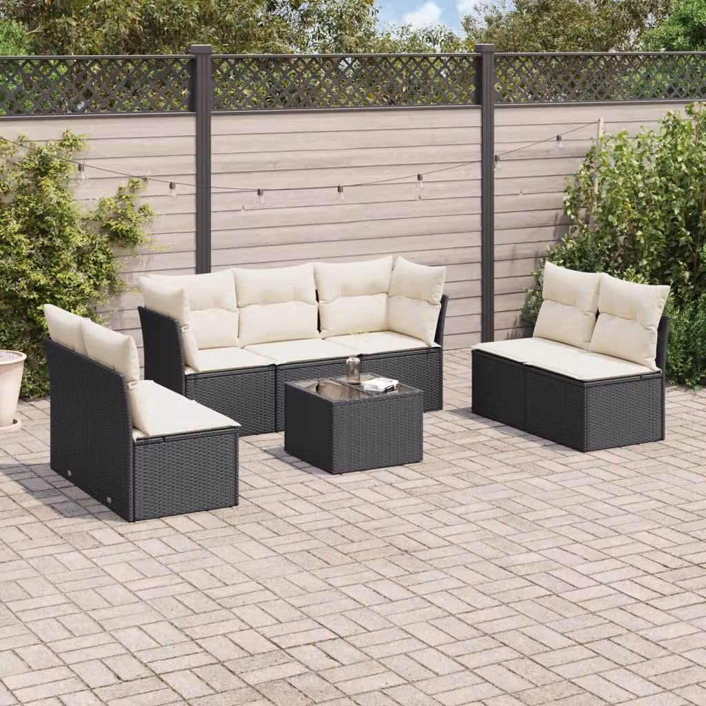 Set di divani da giardino a L vidaXL in polyrattan nero con 8 pezzi e cuscini inclusi
